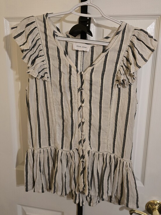 Dear John Tops - Dear John Black & Cream Vertical Stripe Ruffle Button Top